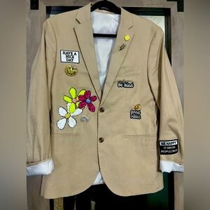Tan Blazer with Notched Lapels and Decorative Patches